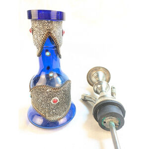 Vintage Hookah Base Cobalt Blue Glass w/ Ornate Chain Accents & Azure Blue Beads